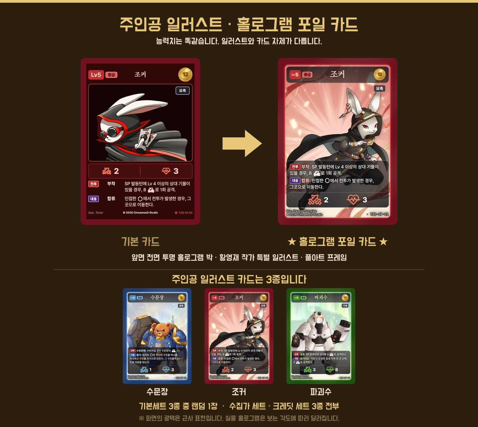 주인공 일러스트 카드 비교 — 기본 조커 카드와 특별 일러스트 조커 카드, 능력치는 동일